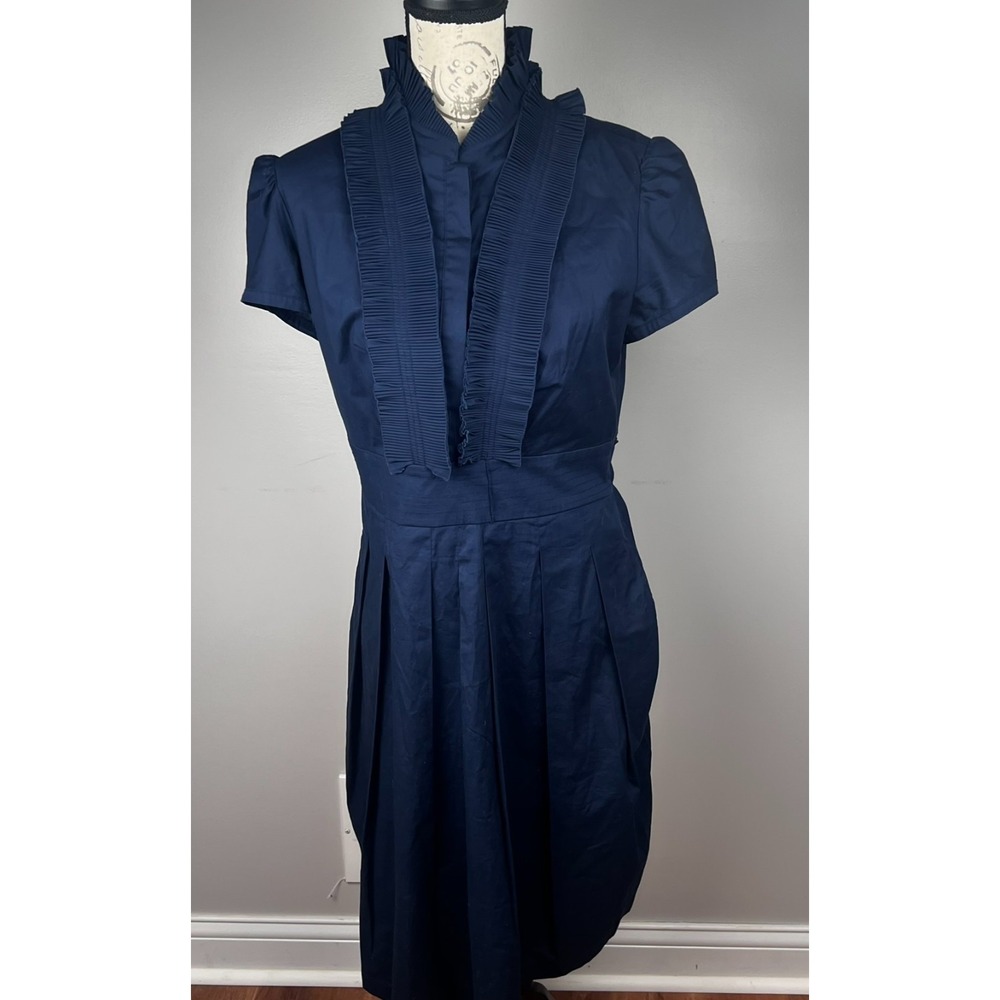 Eliza J Cocktail Dress Navy Ruffle Neck Pleated Women Size 6/8 READ